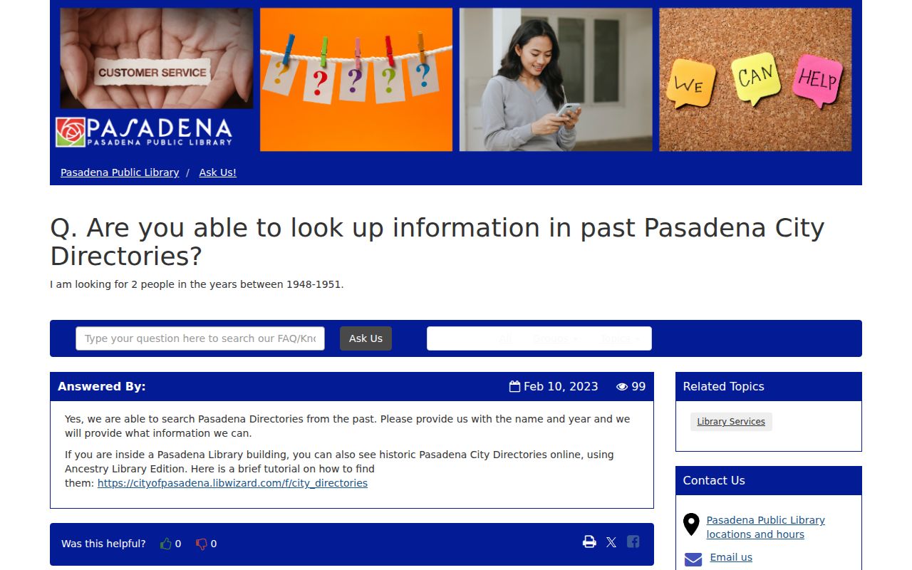 Pasadena city directory library holdings information