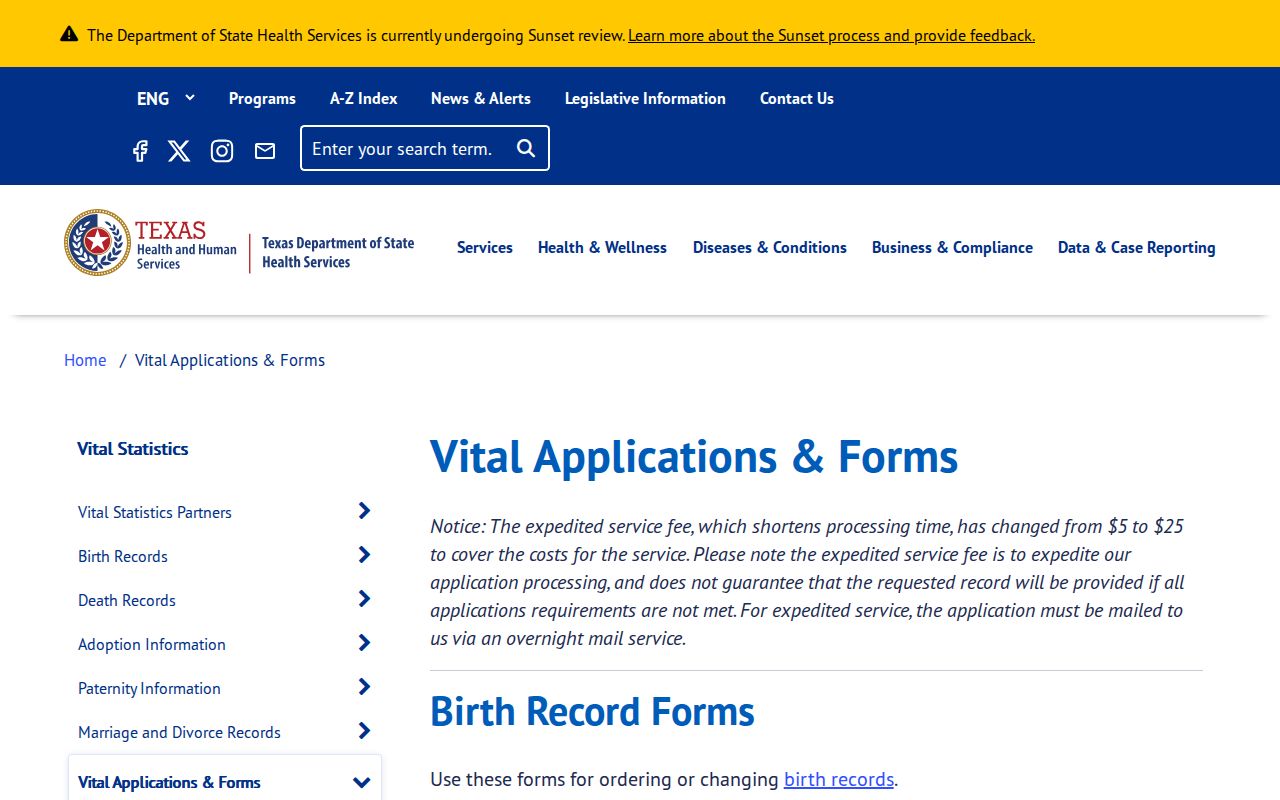 Pasadena residents directory Texas DSHS vital records forms