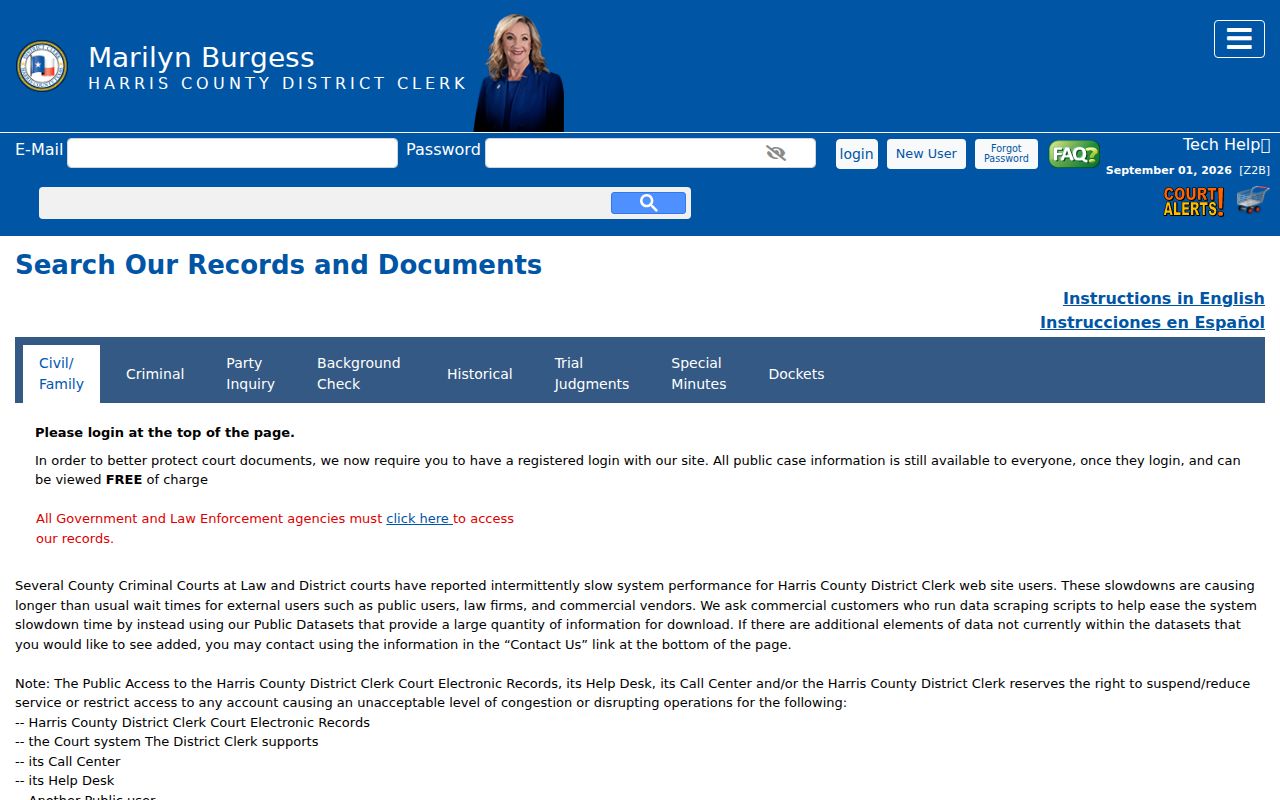 Pasadena resident lookup District Clerk party inquiry filters
